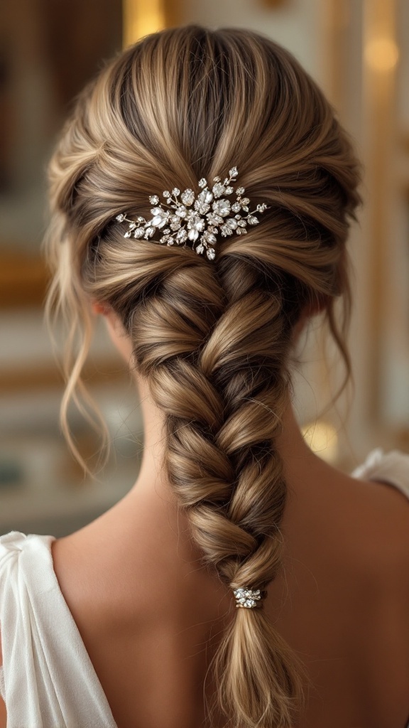 A woman with a half up braid adorned with a sparkling hairpin, showcasing elegance and style.