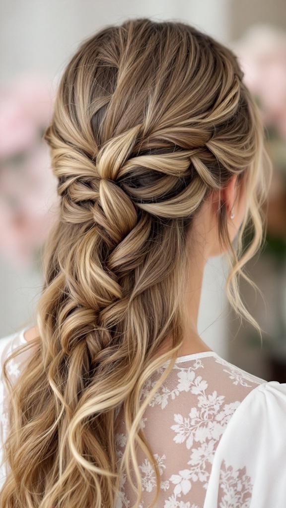 A detailed view of a half up braid hairstyle with twists, featuring flowing locks of hair.