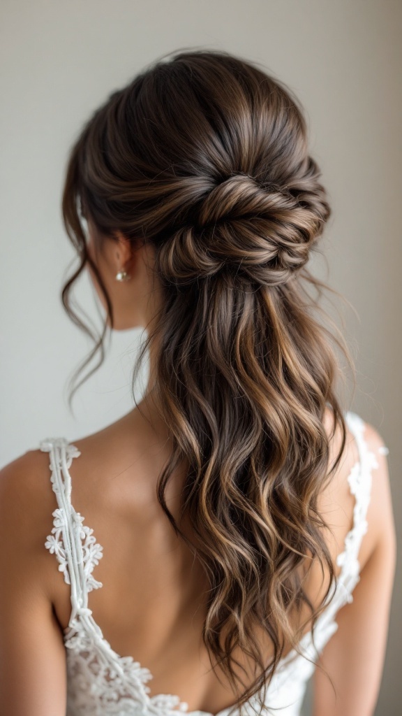 A bride with a half up bun hairstyle featuring loose wavy tresses.