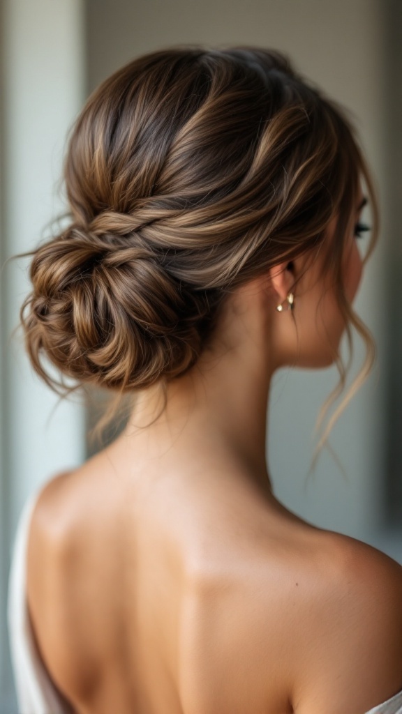 A woman with a stylish half up half down bun hairstyle, showcasing elegance and simplicity.
