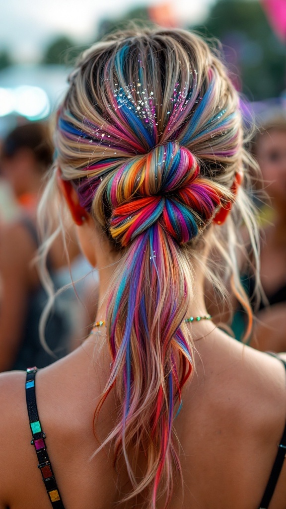 A colorful half up half down bun hairstyle decorated with glitter, perfect for festival looks.
