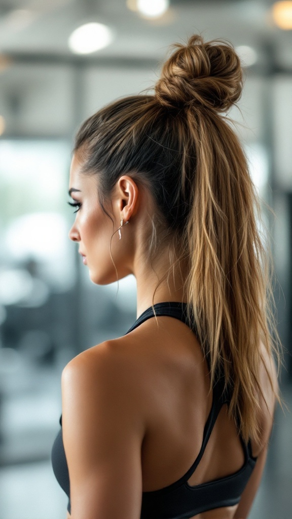 A woman with a half up half down bun hairstyle wearing a black sports top, focusing on her workout.