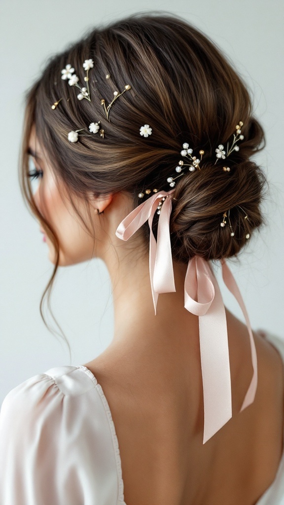 A hairstyle featuring a half up half down bun adorned with flowers and ribbons.