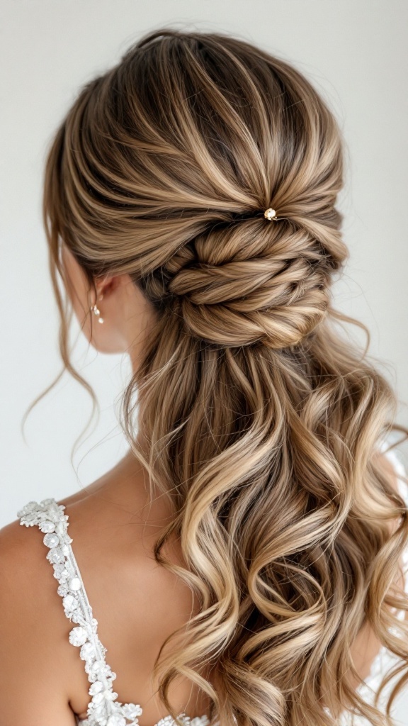 A woman with a half up half down bun featuring curled hair, showcasing a stylish blend of elegance and casual charm.