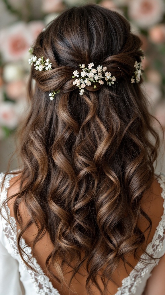 Half up half down curly hairstyle with flowers