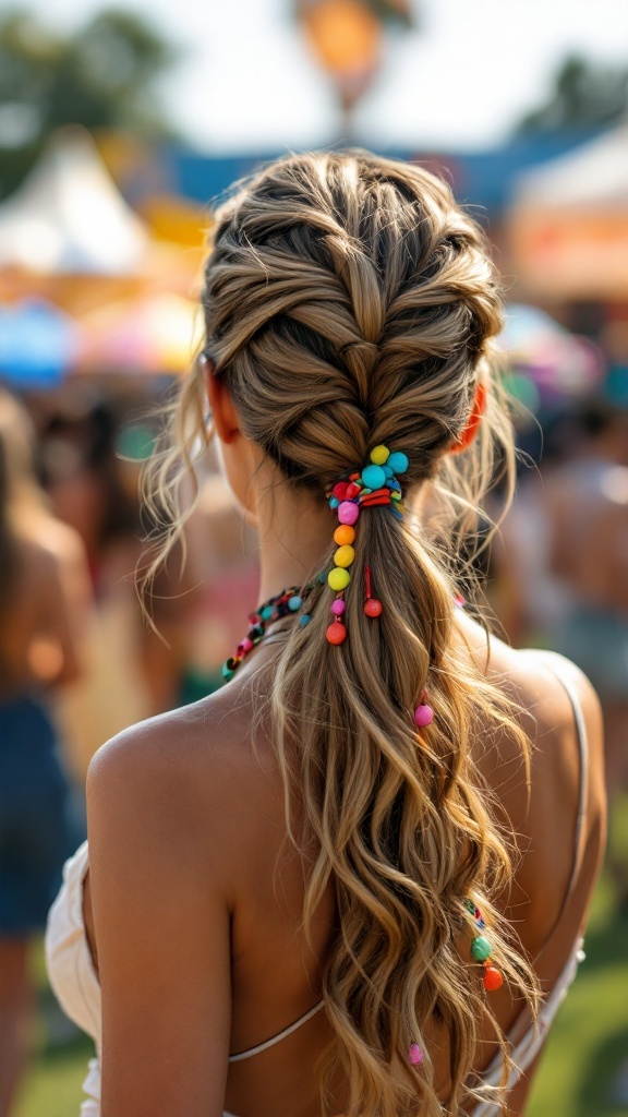 A woman with a half up half down ponytail decorated with colorful accessories, set against a festival backdrop.