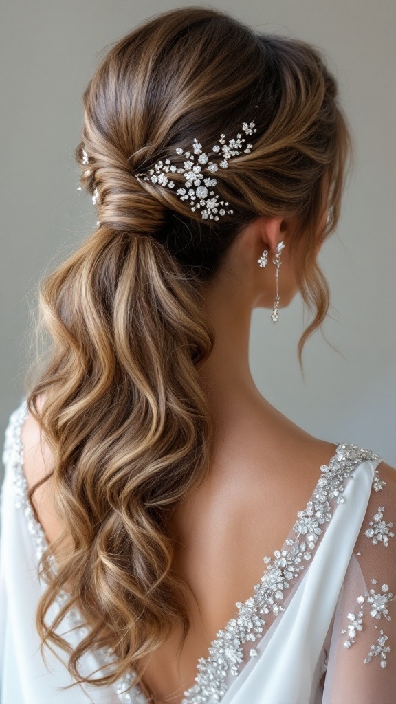 Elegant half up half down ponytail with soft curls and hair accessories