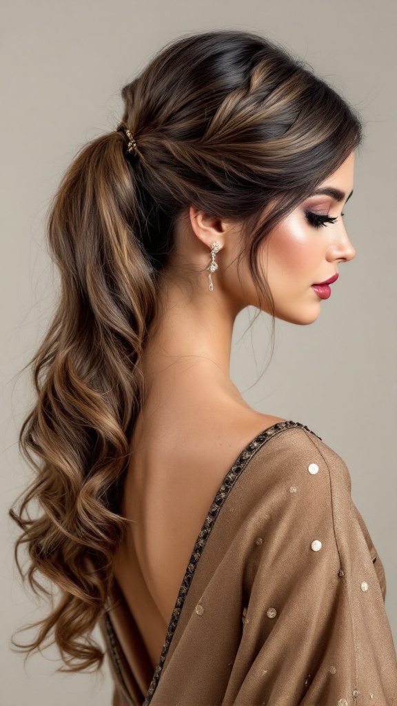 A woman with a half up half down ponytail, showcasing curls and a chic hair accessory, dressed elegantly.