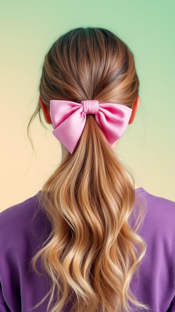 Back view of a half up half down ponytail with a large pink bow