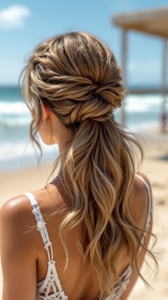 A woman with a half up half down ponytail and beach waves, enjoying the beach.