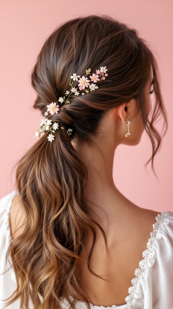 A woman with a half up half down ponytail decorated with small flowers, showing a stylish hairstyle.