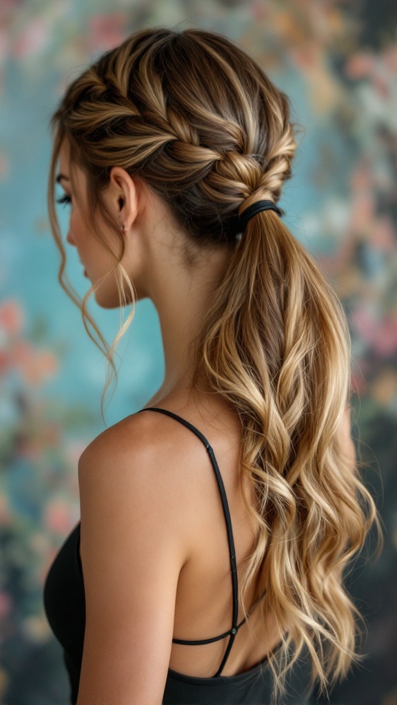 A woman with a half up half down ponytail featuring twists, showcasing a chic hairstyle.