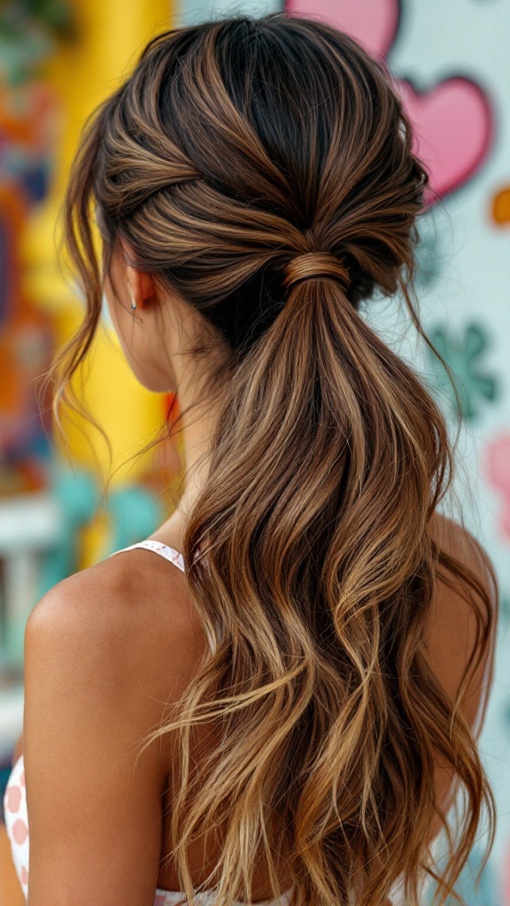 A woman with a half up half down ponytail showcasing volume and soft waves