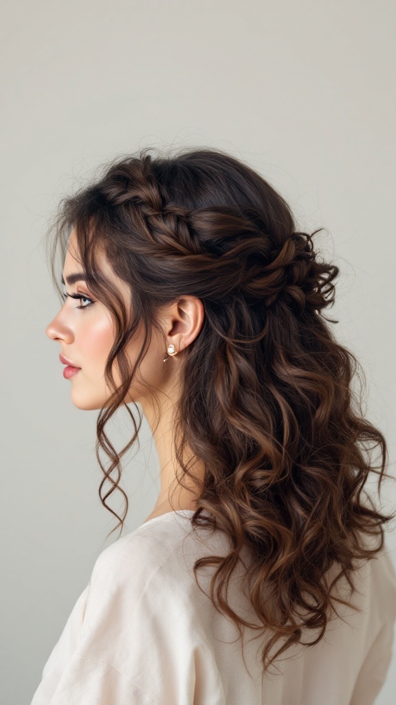 A woman with half up half down curly hair, showing soft curls pinned at the crown.