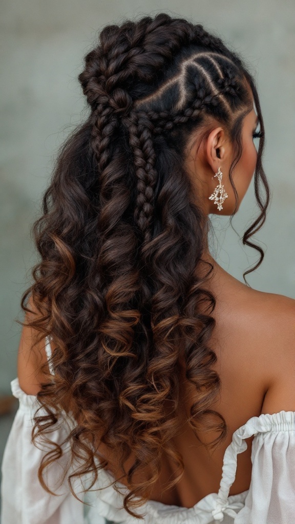Half up half down hairstyle with braids and curls