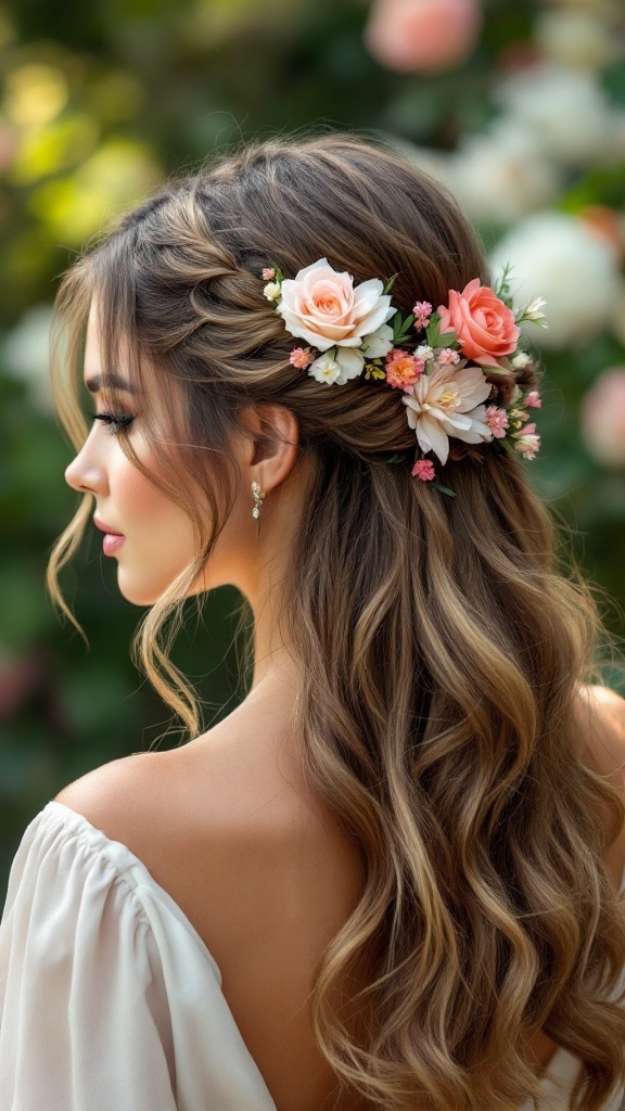 A woman's half up half down hairstyle adorned with floral accents, featuring soft waves and colorful flowers.