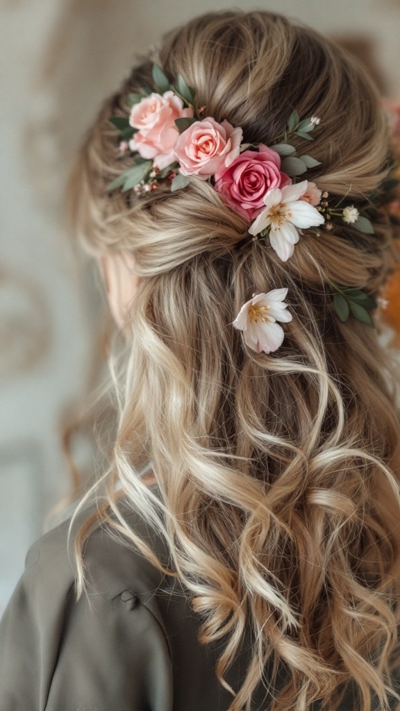 Half up half down hairstyle with floral accents, featuring soft waves and pink and white flowers.