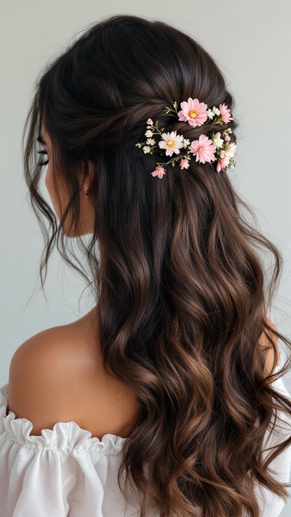 Half up half down hairstyle with floral pins on medium length hair