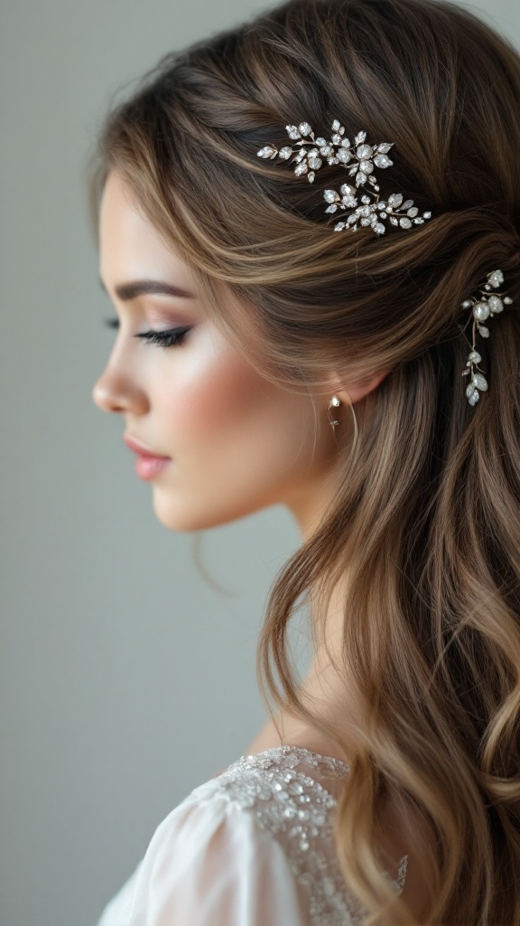 A woman with medium-length hair styled half up half down, adorned with elegant hair accessories.