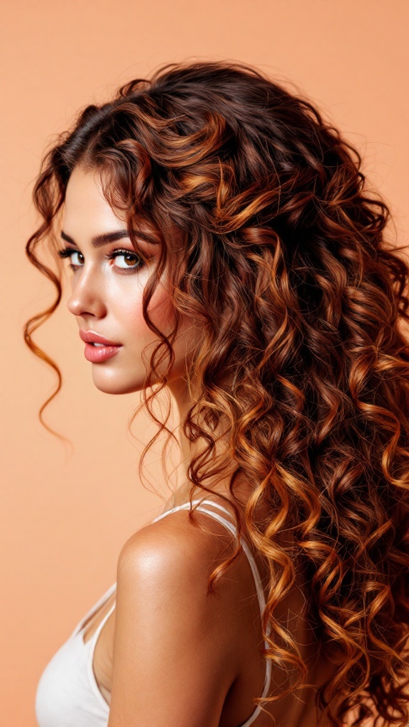 A woman with half up half down curly hair, featuring voluminous curls and a beautiful face.