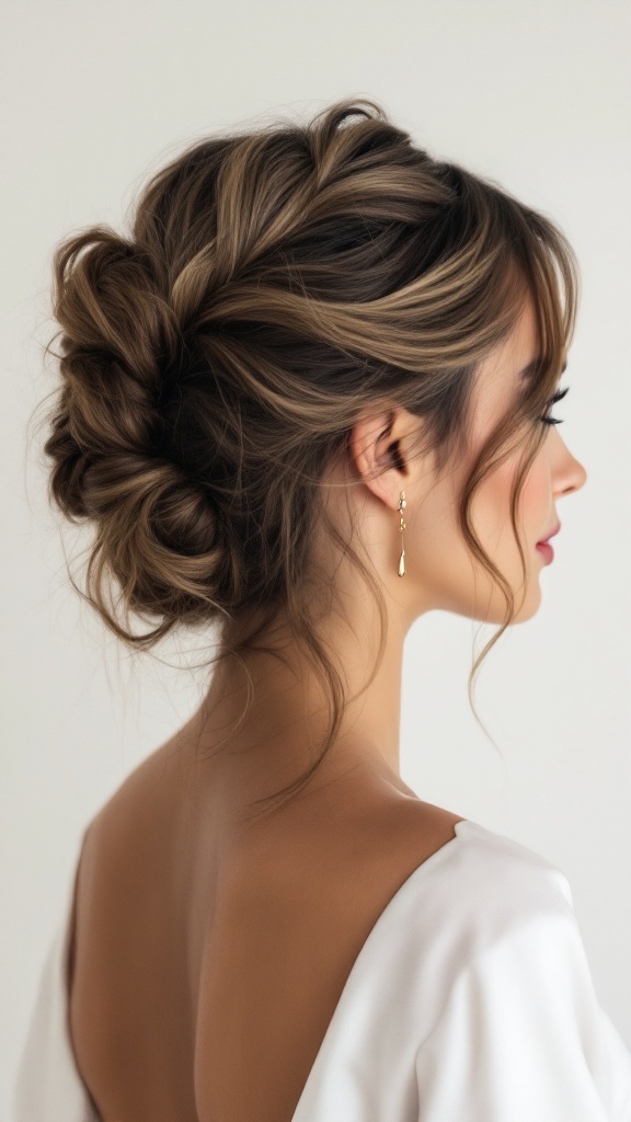 A woman with a half up twist hairstyle featuring a side part, showcasing loose waves and an elegant look.