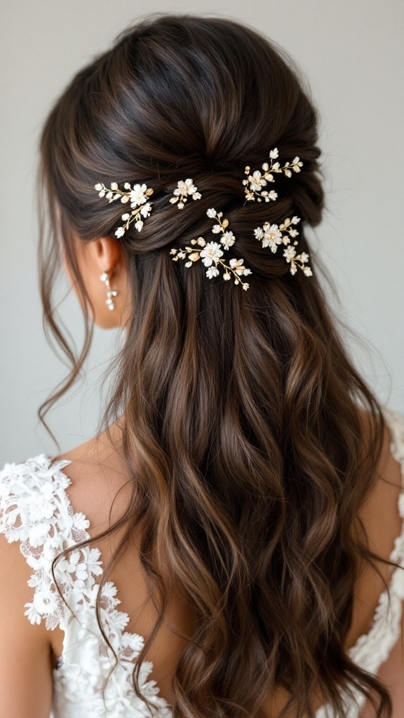 Half up half down wedding hairstyle with decorative hairpins