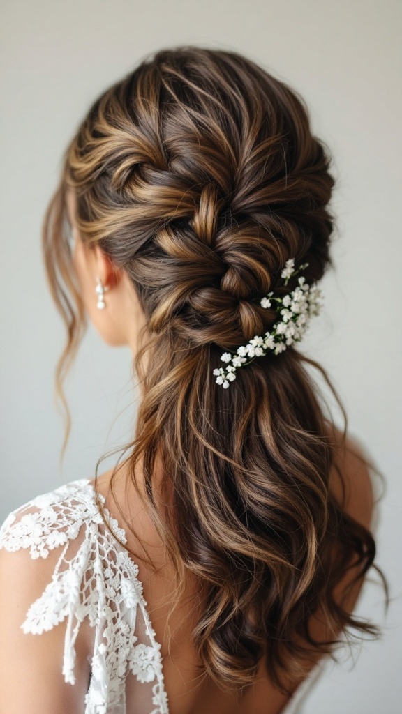 A half-up hairstyle featuring a fishtail braid and soft curls, adorned with small white flowers.