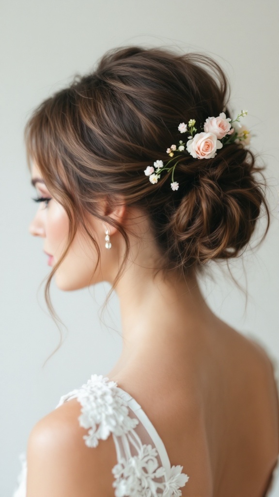 A bride with a half-up, half-down hairstyle featuring a messy bun and floral clips.