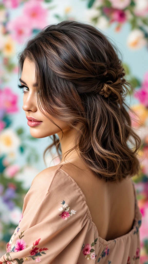 A woman with half-up hairstyle and side-swept bangs, showcasing loose waves and floral background.