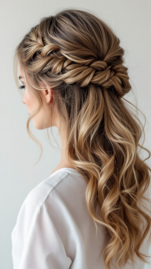Half up half down hairstyle featuring a soft side braid and loose waves.