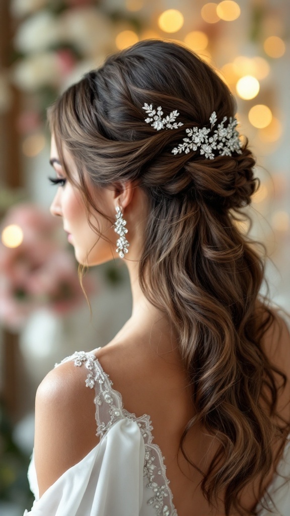 Half up half down wedding hairstyle with sparkling accessories and soft waves.