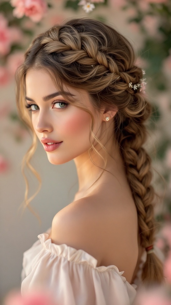 A woman with long hair styled in a halo braid, adorned with flowers and a soft, romantic look.