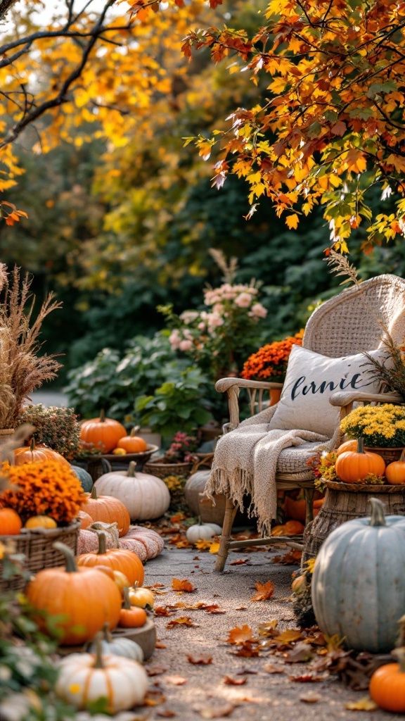 A cozy autumn-themed harvest festival setup with pumpkins, flowers, and a comfortable chair.