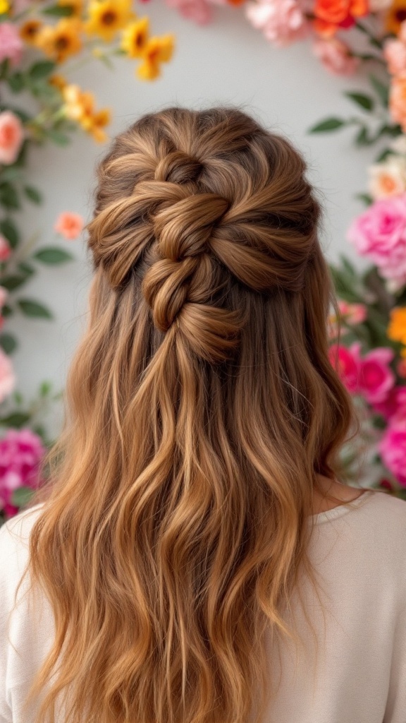 A hairstyle featuring a headband twist with soft waves, set against a floral background.