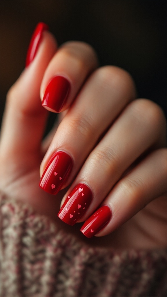 A hand showcasing red nails with small heart designs.