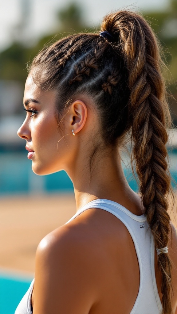 A profile view of a woman with a high ponytail and braids, showcasing a sporty hairstyle perfect for volleyball.