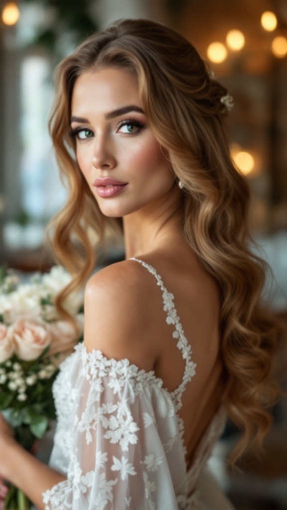 Bride with wavy hair and bouquet, showcasing Hollywood glam waves