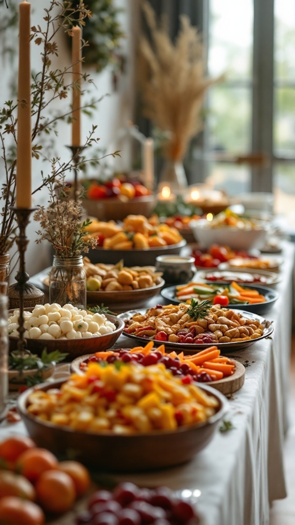 A beautifully arranged home-cooked buffet with various dishes including fruits, pastries, and vegetables.