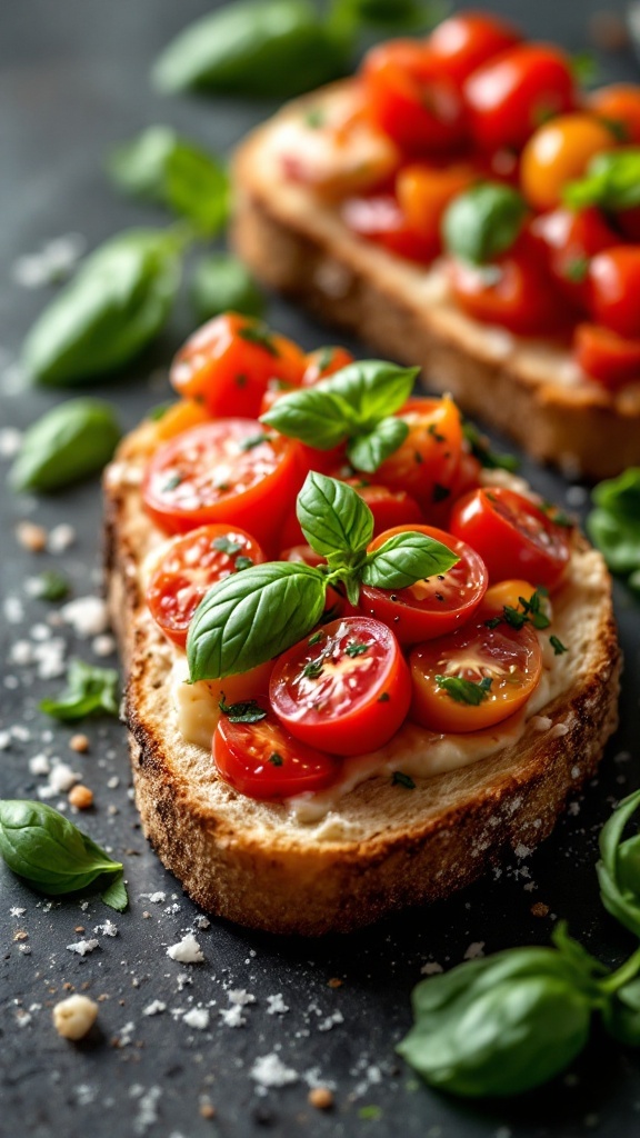 Slices of toasted bread topped with fresh tomatoes and basil leaves