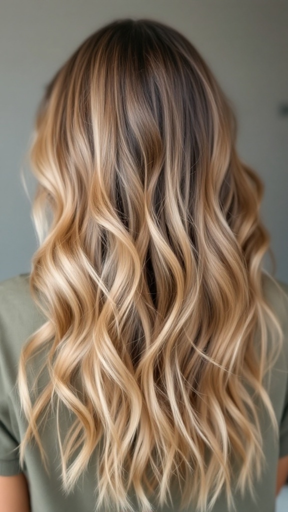 Honey blonde balayage with dark roots styled in waves
