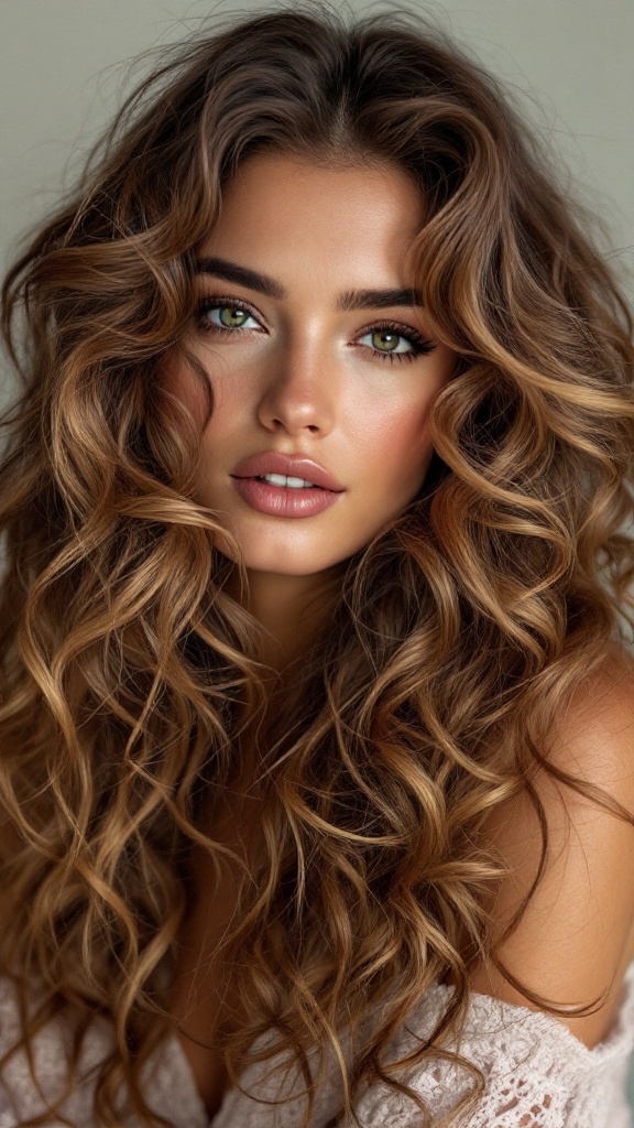 Woman with honey blonde hair featuring dark mahogany undertones, styled in textured waves.