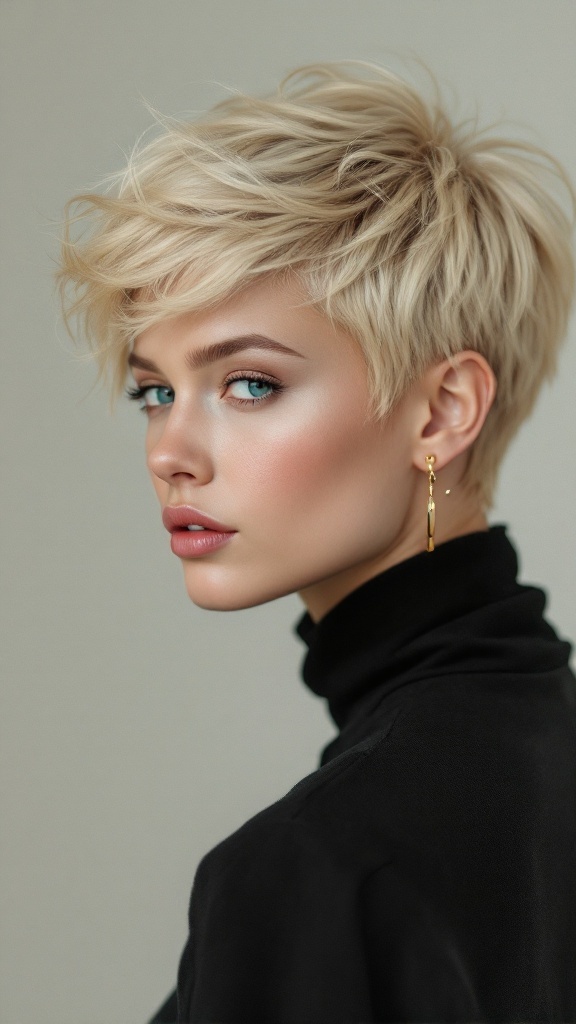 A woman with a honey blonde pixie cut, showcasing layered, textured hair styled elegantly.