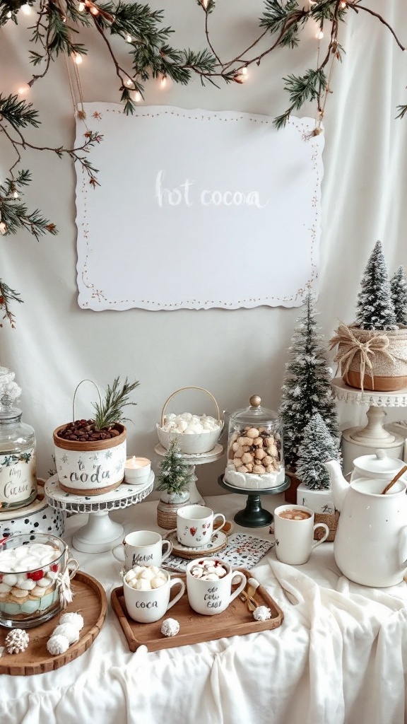 A beautifully arranged hot cocoa bar with cups, toppings, and festive decor.