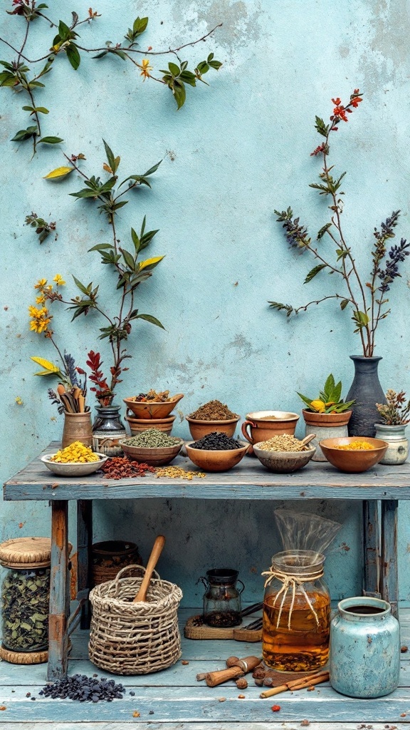 A beautifully arranged tea blending station with various herbs, spices, and tea leaves on a rustic table.