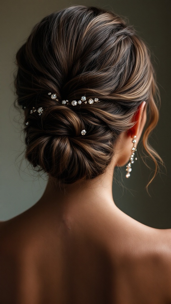 Back view of a woman with an elegant intertwined strand updo hairstyle featuring hair accessories.