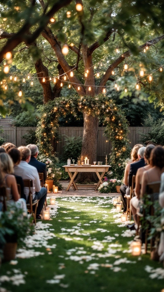 A beautifully decorated backyard wedding ceremony with string lights, floral arrangements, and guests seated.