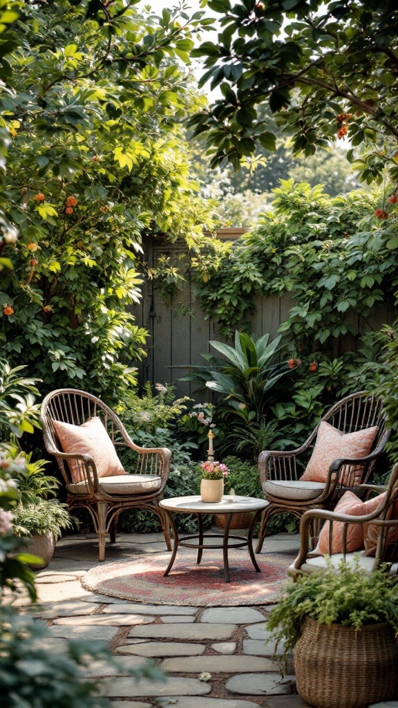 Intimate garden seating area with vintage wicker chairs and a small table surrounded by lush greenery.