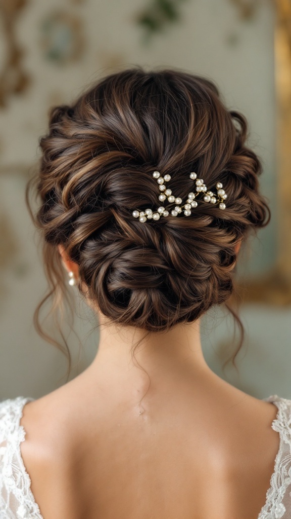 An elegant braided updo hairstyle adorned with pearl accessories, perfect for a summer wedding.