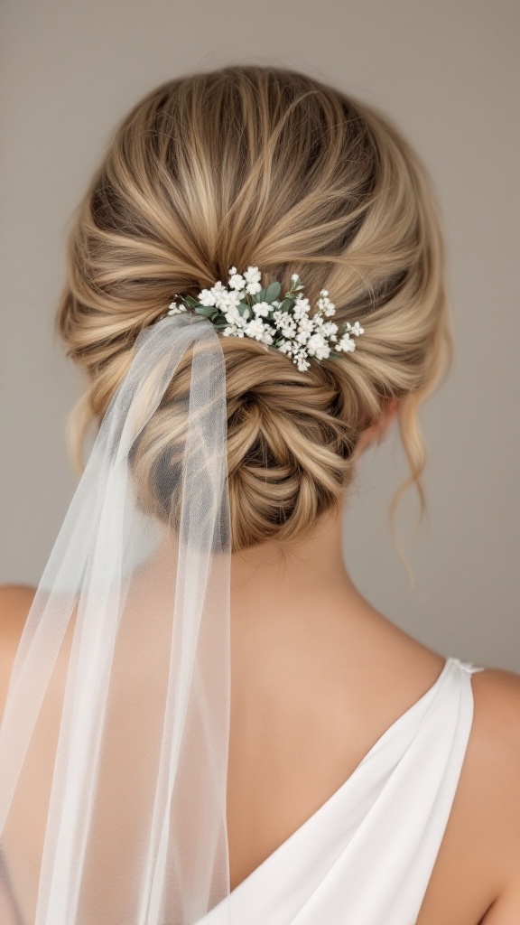 A beautifully styled intricate chignon with a veil, adorned with small flowers, suitable for a bridesmaid in a one-shoulder dress.