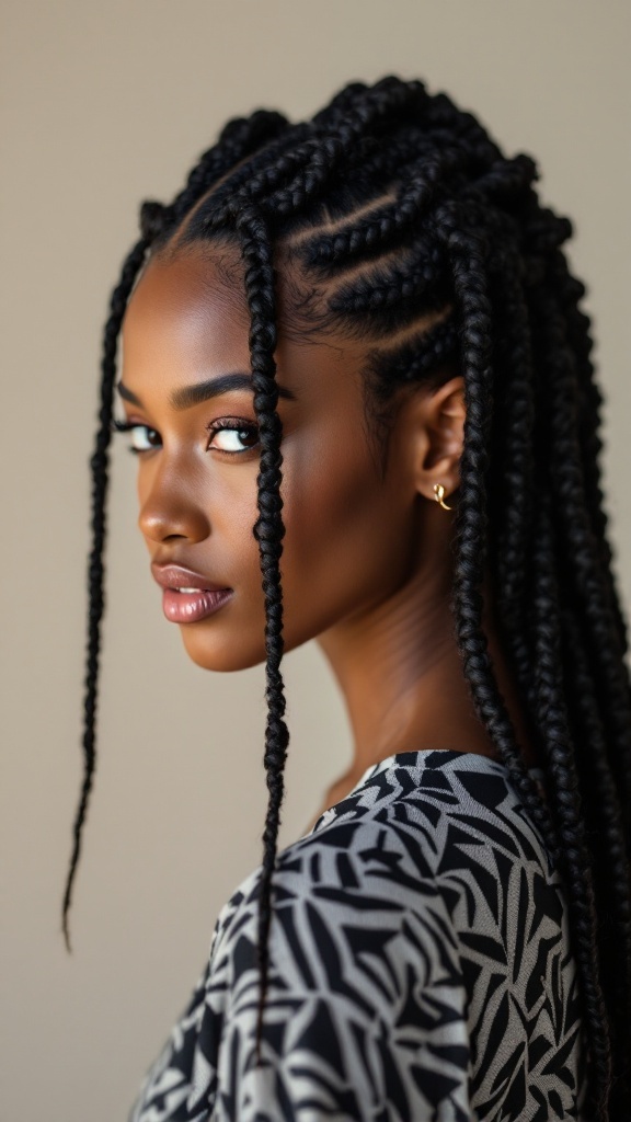 A close-up of a woman with intricate crochet braids and a center part, showcasing a stylish look.